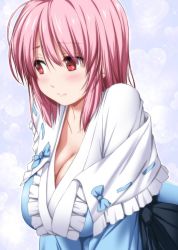 Rule 34 | 1girl, black sash, blue background, blue bow, blush, bow, breasts, center frills, cleavage, collarbone, commentary request, frilled shirt collar, frills, hair between eyes, heart, heart background, large breasts, long sleeves, no headwear, nori tamago, off shoulder, pink hair, red eyes, ribbon-trimmed collar, ribbon trim, robe, saigyouji yuyuko, sash, short hair, sidelocks, solo, sparkle, touhou, upper body, white robe