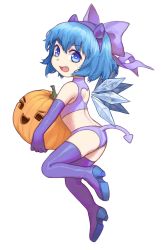 Rule 34 | 1girl, absurdres, blue eyes, blue hair, boots, bow, cirno, demon tail, detached wings, elbow gloves, fake horns, fang, female focus, full body, gloves, hair bow, halloween, halloween costume, high heel boots, high heels, highres, holding, horns, jack-o&#039;-lantern, open mouth, panties, purple bow, purple gloves, purple panties, robot (pixiv 42325944), short hair, simple background, solo, tail, thigh boots, thighhighs, touhou, underwear, white background, wings