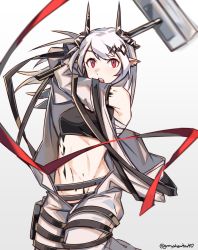 Rule 34 | 1girl, arknights, arms up, black sports bra, commentary, cowboy shot, earrings, gradient background, graysheartart, grey background, grey jumpsuit, hair ornament, hammer, highres, holding, holding hammer, holding weapon, japanese clothes, jewelry, jumpsuit, kimono, long hair, material growth, mudrock (arknights), mudrock (elite ii) (arknights), open jumpsuit, oripathy lesion (arknights), pointy ears, red eyes, red ribbon, ribbon, sledgehammer, solo, sports bra, stomach, twitter username, weapon, white background, white hair