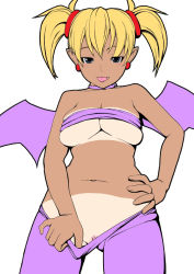 Rule 34 | 1girl, aq interactive, arcana heart, atlus, breasts, dark-skinned female, dark skin, demon girl, examu, female focus, lilica felchenerow, naughty face, navel, pointy ears, pussy, simple background, solo, standing, tan, tanline, tomatto (@ma!), uncensored, white background, wings
