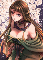 Rule 34 | 1girl, bare shoulders, blue eyes, breasts, brown hair, cherry blossoms, flower, highres, jewelry, long hair, shiho (valkyrie profile), sutehiko, tree, valkyrie profile (series)