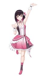 Rule 34 | &gt; &lt;, 1girl, absurdres, arm up, armpits, azki (3rd costume) (hololive), azki (hololive), bare shoulders, black hair, blush stickers, breasts, collarbone, colored inner hair, detached collar, dress, full body, hair ornament, highres, hololive, kuon bb, looking at viewer, medium breasts, multicolored hair, pink footwear, pink hair, short hair, simple background, smile, solo, standing, standing on one leg, virtual youtuber, white background, wrist cuffs