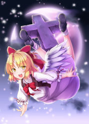 Rule 34 | 1girl, :d, aka tawashi, angel wings, black footwear, blonde hair, blue sky, blush, bow, bowtie, cloud, commentary request, day, eyes visible through hair, flying, frilled sleeves, frills, full body, gengetsu (touhou), hair bow, highres, long skirt, long sleeves, looking at viewer, open mouth, outdoors, parted bangs, pink skirt, ponytail, red bow, red bowtie, red ribbon, ribbon, round teeth, shirt, shoe soles, shoes, short hair, skirt, sky, smile, socks, solo, spread fingers, teeth, touhou, touhou (pc-98), white shirt, white wings, wings, yellow eyes