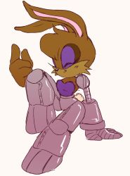 Rule 34 | 1girl, ^ ^, animal nose, arm at side, arm support, blouse, blush, body fur, breasts, brown fur, brown hair, bunnie rabbot, closed eyes, closed mouth, cyborg, female focus, full body, furry, furry female, hand up, happy, highres, knee up, light blush, mechanical arms, mechanical legs, purple shirt, rabbit ears, rabbit girl, rabbit tail, shirt, short hair, sideways mouth, simple background, single mechanical arm, sitting, small breasts, smile, solo, sonic (series), stellarspin, strapless, strapless shirt, two-tone fur, white background