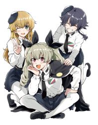 Rule 34 | 3girls, anchovy (girls und panzer), anzio school uniform, belt, beret, black belt, black cape, black footwear, black hair, black headwear, black neckwear, black ribbon, black skirt, blush, bonkara (sokuseki maou), braid, cape, carpaccio (girls und panzer), commentary, dress shirt, drill hair, emblem, facing viewer, girls und panzer, green eyes, green hair, grin, hair ribbon, hand on another&#039;s shoulder, hand on own knee, hat, hayami saori, head rest, highres, indian style, kneeling, loafers, long hair, long sleeves, looking at viewer, miniskirt, multiple girls, necktie, one eye closed, open mouth, pantyhose, pepperoni (girls und panzer), pleated skirt, red eyes, ribbon, school uniform, shirt, shoes, short hair, side braid, simple background, sitting, skirt, smile, sweatdrop, twin drills, twintails, v, white background, white legwear, white shirt