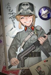 Rule 34 | 1girl, absurdres, belt, black belt, blonde hair, chevron (symbol), closed eyes, combat helmet, drawing (object), eyebrow cut, grey sky, gun, hearts of iron, helmet, highres, holding, holding gun, holding weapon, kaiserreich, military, mp40, paperclip, postage stamp, postcard, pzkpfwi, scar, scar on face, scar on nose, short hair, sky, smile, snow on tree, solo, submachine gun, totenkopf, tree, weapon