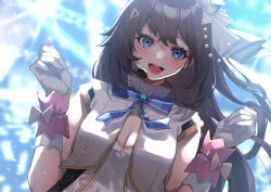 Rule 34 | 1girl, :d, blouse, blue bow, blue bowtie, blue eyes, bow, bowtie, breasts, cleavage, gloves, hair ornament, hair ribbon, hairclip, highres, hololive, long hair, microphone, mikan (chipstar182), open mouth, ribbon, shirt, sleeveless, sleeveless shirt, smile, solo, tokino sora, upper body, virtual youtuber, white gloves, white shirt, wrist cuffs