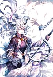 Rule 34 | 1girl, absurdres, ahoge, animal ears, arknights, artist name, black jacket, black shirt, chained wrists, chain, feathered wings, feathers, floating hair, grey eyes, hand grab, highres, holding, holding sword, holding weapon, jacket, lappland (arknights), lappland (refined horrormare) (arknights), messy hair, moyu marginal, official alternate costume, open clothes, open jacket, scar, scar across eye, scar on face, shirt, smile, solo, statue, sword, upper body, weapon, white background, white hair, wings, wolf ears