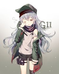 Rule 34 | absurdres, azit (down), blouse, blue eyes, character name, clothing cutout, g11 (girls&#039; frontline), girls&#039; frontline, gradient background, green hat, hat, highres, jacket, long hair, looking at viewer, shirt, short shorts, shorts, shoulder cutout, silver hair, sleepy, solo, standing, t-shirt, white shirt
