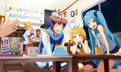 Rule 34 | !, !!, 2boys, 4girls, :3, :d, ^ ^, applause, aqua hair, baskin-robbins, belt, birthday, black skirt, blonde hair, blue eyes, blue hair, blue necktie, blue scarf, blush, brown hair, cake, character name, closed eyes, collared shirt, cup, food, hair ornament, hairband, hairclip, hands on own cheeks, hands on own face, happy, happy birthday, hat, hatsune miku, indian style, indoors, jacket, kagamine len, kagamine rin, kaito (vocaloid), kneeling, leaning, leaning forward, long hair, long sleeves, looking at another, looking at viewer, megurine luka, meiko (vocaloid), multiple boys, multiple girls, necktie, nokuhashi, open mouth, pink hair, plate, scarf, seiza, shirt, short hair, short sleeves, shorts, sitting, skirt, sleeveless, sleeveless shirt, smile, table, tattoo, top hat, vocaloid
