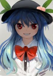Rule 34 | 1girl, black hat, blue hair, bow, food, fruit, grin, hair between eyes, hat, hinanawi tenshi, leaf, long hair, looking at viewer, peach, red bow, red eyes, red neckwear, smile, solo, straight hair, suna (s73d), teeth, touhou