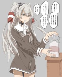Rule 34 | amatsukaze (kancolle), brown dress, commentary, dress, garter straps, glove in mouth, gloves, hair tubes, hat, highres, kantai collection, kirisaki seeker, lifebuoy, long hair, mini hat, mouth hold, sailor dress, short dress, silver hair, single glove, smokestack hair ornament, solo, striped legwear, sweatdrop, swim ring, translation request, two side up, unworn gloves, washing hands