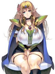 Rule 34 | 1girl, ahoge, armor, black choker, blonde hair, blue eyes, bracer, breasts, brown hair, cape, chain, choker, cleavage, commentary request, covered erect nipples, curvy, elf, fantasy, flower, forehead protector, gold chain, hair flower, hair ornament, head tilt, high collar, highres, huge breasts, jewelry, kouno (masao), legs together, long hair, looking at viewer, mature female, nipples, original, pauldrons, pencil skirt, pendant, pointy ears, ring, see-through, shoulder armor, simple background, sitting, skindentation, skirt, solo, thick thighs, thighs, wedding band, wedding ring, white background, wide hips