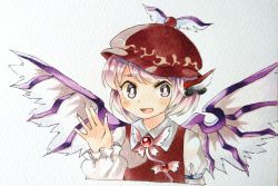 Rule 34 | 1girl, :d, bad id, bad pixiv id, bird wings, blush, brooch, collared shirt, hat, highres, jewelry, long sleeves, looking at viewer, mystia lorelei, open mouth, pink eyes, pink hair, sasa kichi, scan, scan artifacts, shirt, short hair, smile, solo, touhou, traditional media, upper body, vest, waving, winged hat, wings