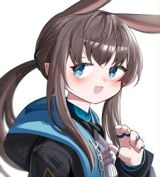 Rule 34 | 1girl, :d, absurdres, amiya (arknights), animal ears, arknights, black jacket, blue eyes, blush, brown hair, commentary request, hair between eyes, hand up, highres, hood, hood down, hooded jacket, jacket, jewelry, long hair, long sleeves, looking at viewer, low ponytail, open mouth, ponytail, puffy long sleeves, puffy sleeves, rabbit ears, ring, sidelocks, simple background, smile, solo, spam (spamham4506), upper body, white background