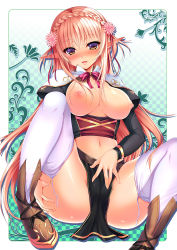 Rule 34 | 1girl, blonde hair, blush, boots, braid, breasts, flower, garter straps, hair flower, hair ornament, heart, heart-shaped pupils, highres, juliet sleeves, large breasts, long hair, long sleeves, navel, ninoko, nipples, open mouth, original, pointy ears, puffy sleeves, smile, solo, spread legs, symbol-shaped pupils, thighhighs, white thighhighs, yellow eyes