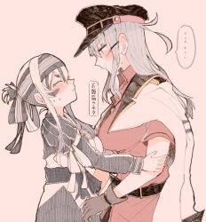 Rule 34 | 2girls, ainu clothes, bad id, bad twitter id, belt, black gloves, blue eyes, blue hair, blush, breasts, brown gloves, dress, closed eyes, facial scar, fang, gangut (kancolle), gloves, grey hair, hair between eyes, hair ornament, hairclip, headband, helping, itomugi-kun, jacket, jacket on shoulders, kamoi (kancolle), kantai collection, large breasts, long hair, looking at another, medium breasts, military, military uniform, miniskirt, multicolored hair, multiple girls, naval uniform, ponytail, red eyes, red shirt, remodel (kantai collection), scar, scar on cheek, scar on face, shirt, simple background, skirt, translation request, uniform, wavy mouth, white hair, yuri