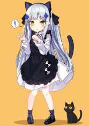 Rule 34 | !, 1girl, :o, animal ears, apron, black apron, black cat, black footwear, black hairband, black ribbon, blush, bow, cat, cat ears, cat girl, cat tail, checkered bow, checkered clothes, collared dress, commentary request, dress, facial mark, fake animal ears, frilled apron, frills, full body, girls&#039; frontline, grey socks, hair ribbon, hairband, hands up, highres, hk416 (black kitty&#039;s gift) (girls&#039; frontline), hk416 (girls&#039; frontline), long hair, long sleeves, looking at viewer, official alternate costume, orange background, parted lips, paw pose, ribbon, shadow, shoes, silver hair, socks, solo, spoken exclamation mark, standing, tail, tail raised, very long hair, white dress, yuki shiro