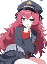 Rule 34 | 1girl, absurdres, armband, black eyes, black hat, black jacket, black shirt, blue archive, halo, hand up, hat, highres, iroha (blue archive), jacket, lix (iroiro3843), long hair, long sleeves, looking at viewer, off shoulder, open mouth, peaked cap, red hair, shirt, simple background, slit pupils, smile, solo, thighs, white background