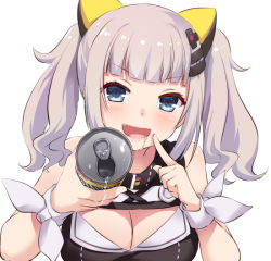 Rule 34 | 1girl, :d, bare shoulders, black dress, blunt bangs, blush, breasts, can, cleavage, cleavage cutout, clothing cutout, dress, drooling, fang, finger to mouth, hair ornament, hairclip, hands up, holding, holding can, kaguya luna, looking at viewer, medium breasts, nakajima yuka, open mouth, saliva, silver hair, simple background, sleeveless, sleeveless dress, smile, solo, strong zero, the moon studio, twintails, v-shaped eyebrows, virtual youtuber, white background