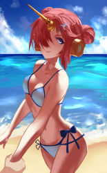 Rule 34 | 1girl, beach, bikini, blue bikini, blue bow, blue eyes, blue ribbon, blue sky, bow, breasts, cleavage, closed mouth, cloud, commentary request, cowboy shot, day, double bun, fate/grand order, fate (series), frankenstein&#039;s monster (fate), frankenstein&#039;s monster (swimsuit saber) (fate), frankenstein&#039;s monster (swimsuit saber) (first ascension) (fate), hair bun, hair over one eye, highres, holding another&#039;s wrist, horns, kwi (kawaiin), looking at viewer, mechanical horns, ocean, outdoors, pink hair, ribbon, short hair, side-tie bikini bottom, single horn, sky, small breasts, smile, standing, swimsuit