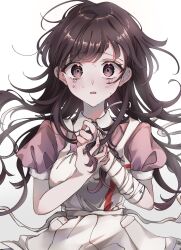 Rule 34 | 1girl, :o, apron, bandaged arm, bandages, black hair, blush, breasts, brown eyes, collared shirt, danganronpa (series), danganronpa 2: goodbye despair, grey background, hands up, highres, large breasts, long hair, own hands together, pink shirt, puffy short sleeves, puffy sleeves, shirt, short sleeves, simple background, solo, tears, tian yin, tsumiki mikan, white apron, white background