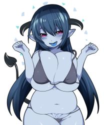 Rule 34 | 1girl, belly, bikini, black bikini, black hair, blue skin, blue tongue, breasts, colored skin, colored tongue, curvy, demon girl, demon tail, fangs, fat, horns, huge breasts, long hair, mofuaki, navel, original, plump, pointy ears, pubic tattoo, red eyes, saliva, simple background, solo, swimsuit, tail, tattoo, white background
