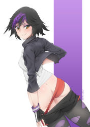Rule 34 | 1girl, artist name, ass, bad id, bad pixiv id, big hero 6, black hair, brown eyes, butt crack, clothes pull, fingerless gloves, gloves, gogo tomago, gradient background, highres, jacket, multicolored hair, naughty face, panties, pants, pants pull, panty pull, red panties, short hair, smile, solo, stormcow, striped, striped background, underwear, zipper