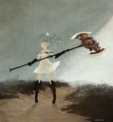 Rule 34 | 10s, 1girl, 2015, :|, animal, animal on head, aqua hair, axe, bad id, bad pixiv id, bare shoulders, battle axe, bird, bird on head, black footwear, boots, closed mouth, dated, dress, expressionless, fantasy earth zero, floating hair, full body, gauntlets, grass, grey eyes, grey sky, gu (goodnight), hill, holding, holding axe, holding weapon, horizon, huge weapon, knee boots, looking afar, off-shoulder dress, off shoulder, on head, outdoors, path, polearm, road, sitting, sitting on head, sitting on person, sky, skyline, solo, spread legs, standing, sundress, two-handed, wavy hair, weapon, white dress, wind