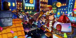 Rule 34 | a hat in time, balancing, belt, bird, bow, bowtie, brown hair, cable, chimney, city, cityscape, confetti, crowd, crowded, glasses, hat kid, highres, horns, in-universe location, instrument, jenna brown, marching, marching band, music, neon lights, official art, owl, parade, playing instrument, ponytail, rocket, rooftop, sign, single horn, tightrope, umbrella, violin, window