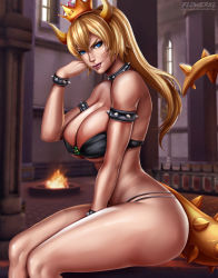 Rule 34 | 1girl, adapted costume, armlet, bare arms, bare legs, bare shoulders, between legs, bikini, black bikini, black collar, blonde hair, borrowed design, bowsette, bracelet, breasts, brown horns, cleavage, closed mouth, collar, crown, female focus, fire, flowerxl, from side, hair between eyes, hand between legs, hand on own cheek, hand on own face, hand up, horns, indoors, jewelry, large breasts, legs, lips, lipstick, long hair, looking at viewer, makeup, mario (series), monster girl, multi-strapped bikini, narrow waist, naughty face, neck, new super mario bros. u deluxe, nintendo, pinup (style), pointy ears, ponytail, red lips, sitting, smile, solo, spiked armlet, spiked bracelet, spiked collar, spiked tail, spikes, strapless, strapless bikini, super crown, swimsuit, tail, thighs, underboob, window