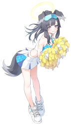 Rule 34 | 1girl, absurdres, animal ears, bare legs, black hair, blue archive, blue eyes, blush, bright pupils, cheerleader, commentary, dog ears, dog girl, dog tail, embarrassed, eyewear on head, from side, full body, halo, hibiki (blue archive), hibiki (cheer squad) (blue archive), highres, joker (tomakin524), leaning forward, looking at viewer, medium hair, millennium cheerleader outfit (blue archive), pleated skirt, pom pom (cheerleading), shoes, sidelocks, simple background, skirt, sneakers, solo, standing, star sticker, sticker on arm, sunglasses, tail, two-tone skirt, wavy mouth, white background, white footwear, white pupils, white skirt