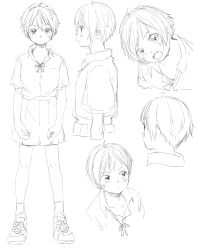 Rule 34 | 1girl, character sheet, expressionless, female focus, monochrome, original, profile, satsuyo, shoes, short hair, skirt, sneakers, solo, standing, tomboy