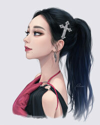Rule 34 | 1girl, aespa, black hair, blue eyes, cropped torso, cross, earrings, grey background, hair ornament, highres, jewelry, k-pop, karina (aespa), latin cross, lips, long hair, mole, mole under mouth, ponytail, portrait, real life, red lips, solo, umigraphics