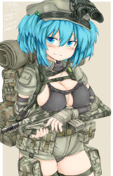 Rule 34 | 1girl, alternate costume, aqua eyes, aqua hair, assault rifle, backpack, bag, belt, black panties, blue eyes, blue hair, blush, breast rest, breasts, buckle, bullpup, camouflage, cleavage, collarbone, covered erect nipples, female focus, fingerless gloves, fn f2000, fn herstal, gloves, grin, gun, hair bobbles, hair ornament, holster, kawashiro nitori, large breasts, load bearing vest, looking at viewer, matching hair/eyes, military, military uniform, modular weapon system, night-vision device, night vision, okiraku nikku, panties, pocket, rifle, seductive smile, short hair, simple background, smile, snap-fit buckle, solo, thigh holster, touhou, twintails, two side up, underwear, uniform, weapon