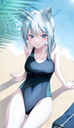 Rule 34 | 1girl, absurdres, animal ear fluff, animal ears, arm support, bag, bare arms, beach, blue archive, blue eyes, blurry, blurry background, blush, competition swimsuit, covered navel, cowboy shot, cross hair ornament, day, duffel bag, eujin, grey hair, hair ornament, halo, highleg, highleg swimsuit, highres, iro (iro 252 ), leaf, leaning back, looking at viewer, medium hair, mismatched pupils, one-piece swimsuit, outdoors, parted lips, shiroko (blue archive), shiroko (swimsuit) (blue archive), sidelocks, sitting, solo, swimsuit, thigh gap, thighs, two-tone swimsuit