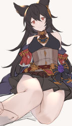 Rule 34 | 1girl, animal ears, ascot, bags under eyes, bare shoulders, belt, black hair, black skirt, breasts, closed mouth, corset, detached collar, detached sleeves, earrings, erune, feet out of frame, granblue fantasy, highres, jewelry, long hair, looking at viewer, medium breasts, nier (granblue fantasy), off shoulder, red eyes, shirt, single earring, sitting, skirt, sleeveless, sleeveless shirt, solo, wuming