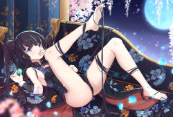 Rule 34 | 1girl, absurdly long hair, bare shoulders, barefoot, black dress, black hair, black sleeves, blue bow, blue eyes, blue nails, blunt bangs, bow, breasts, china dress, chinese clothes, chinese commentary, cleavage, closed mouth, commentary, couch, detached sleeves, double bun, dress, fate/grand order, fate (series), fingernails, fur trim, hair bun, hand on own cheek, hand on own face, high collar, highres, holding orb, indoors, leg up, legs, long hair, looking at viewer, lying, medium breasts, moon, nail polish, on back, on couch, petals, shimutsuki, sideboob, sidelocks, solo, thighs, toenails, tongue, tongue out, twintails, very long hair, yang guifei (fate), yang guifei (first ascension) (fate), yang guifei (second ascension) (fate)