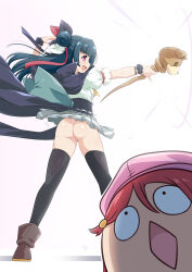 Rule 34 | 2girls, ass, black thighhighs, blue hair, boots, bunji, butt crack, capelet, chibi, clothes lift, commentary, feather hair ornament, feathers, floating hair, genjitsu no yohane, hair bun, hair ornament, hairclip, hat, highres, holding, holding staff, legs apart, long hair, looking up, love live!, love live! sunshine!!, multiple girls, open mouth, outstretched arm, panties, pink headwear, red eyes, red hair, sakurauchi riko, shiny skin, signature, skirt, skirt lift, smile, staff, standing, thighhighs, thong, tsushima yoshiko, underwear, white background, white panties, wind, wind lift