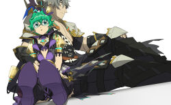 Rule 34 | 1boy, 1girl, absurdres, bare shoulders, boots, bra, chest jewel, closed mouth, coat, core crystal (xenoblade), eyepatch, foreshortening, glasses, green eyes, green hair, grey coat, grey hair, grey pants, highres, jacket, open mouth, pandoria (xenoblade), pants, pointy ears, purple bra, purple footwear, purple jacket, purple shorts, same (autphickez), shoe soles, short hair, short sleeves, shorts, simple background, sitting, smile, underwear, white background, xenoblade chronicles (series), xenoblade chronicles 2, zeke von genbu (xenoblade)