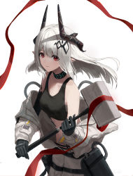 Rule 34 | 1girl, absurdres, arknights, bare shoulders, black gloves, black tank top, breasts, cleavage, closed mouth, commentary request, floating hair, gloves, grey hair, hair between eyes, hammer, highres, holding, horns, jumpsuit, long hair, long sleeves, medium breasts, mudrock (arknights), mudrock (elite ii) (arknights), nekoreito, pointy ears, puffy long sleeves, puffy sleeves, red eyes, red ribbon, ribbon, simple background, sledgehammer, smile, solo, tank top, white background, white jumpsuit