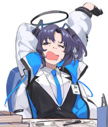 Rule 34 | 1girl, arm up, black gloves, blue archive, blue necktie, collared shirt, formal, gloves, half gloves, halo, highres, holding own arm, jacket, long sleeves, necktie, nos, nostrils, on chair, one eye closed, open mouth, parted bangs, pen, purple eyes, purple hair, shirt, sitting, solo, stretching, suit, tearing up, two-sided fabric, two-sided jacket, two side up, white background, white shirt, yawning, yuuka (blue archive)