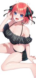 Rule 34 | 1girl, :d, arm up, bikini, black bikini, black ribbon, blue eyes, blunt bangs, blush, breasts, butterfly hair ornament, cleavage, collarbone, from above, go-toubun no hanayome, hair ornament, highres, kurosaki coco, large breasts, looking at viewer, multicolored nails, nail polish, nakano nino, navel, open mouth, pink hair, polka dot, polka dot bikini, raised eyebrows, ribbon, simple background, sitting, smile, stomach, swimsuit, thick thighs, thighs, twintails, wariza, white background