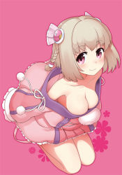 Rule 34 | 1girl, ar tonelico, ar tonelico iii, bare shoulders, blonde hair, blush, braid, breasts, cleavage, collarbone, hair ornament, kamoto tatsuya, large breasts, looking at viewer, pink background, purple eyes, saki (ar tonelico), smile, solo