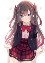 Rule 34 | 1girl, black jacket, blazer, blue eyes, blush, bow, bowtie, brown hair, closed mouth, collared shirt, copyright request, highres, hoshi (snacherubi), jacket, long hair, long sleeves, looking at viewer, micro star international, plaid, plaid skirt, pleated skirt, red bow, red bowtie, red skirt, shirt, simple background, sitting, skirt, smile, solo, two side up, virtual youtuber, wariza, white background, white shirt