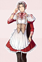 Rule 34 | ace attorney, alternate costume, apron, black eyes, black hair, black pantyhose, closed mouth, collar, commentary, corset, crossdressing, dress, enmaided, feet out of frame, frilled apron, frilled collar, frilled dress, frilled hairband, frilled wristband, frills, hair intakes, hairband, highres, juliet sleeves, linjie, long sleeves, looking at viewer, maid, maid apron, maid headdress, male focus, miles edgeworth, pantyhose, pink background, pointing, pointing at self, pointing up, puffy sleeves, red dress, straight-on, white apron