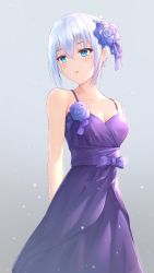 Rule 34 | 1girl, arms behind back, blue eyes, blush, bow, breasts, cleavage, cocktail dress, collarbone, date a live, dress, flower, grey background, hair between eyes, hair flower, hair ornament, hair ribbon, highres, medium breasts, parted lips, purple bow, purple dress, purple flower, purple ribbon, ribbon, short hair, sidelocks, silver hair, sleeveless, sleeveless dress, solo, spaghetti strap, standing, tobiichi origami, tobiichi origami (pixiv31950946)
