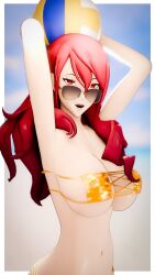 Rule 34 | 1girl, 3d, amateurthrowaway, ball, bikini, breasts, cleavage, eyebrows, gold bikini, kirijou mitsuru, large breasts, long hair, matching hair/eyes, navel, open mouth, persona, persona 3, red eyes, red hair, solo, sunglasses, swimsuit, volleyball (object), wallpaper