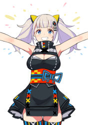 Rule 34 | 1girl, :d, arms up, bare shoulders, black dress, blue eyes, blush, breasts, cleavage, cleavage cutout, clothing cutout, dress, fang, grin, hair ornament, hairclip, kaguya luna, large breasts, looking at viewer, medium hair, obi, open mouth, outstretched arms, saiste, sash, sidelocks, silver hair, simple background, sleeveless, sleeveless dress, smile, solo, teeth, the moon studio, thighhighs, twintails, virtual youtuber, white background