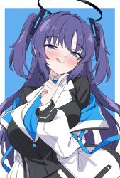 Rule 34 | 1girl, black gloves, blue archive, blue necktie, blush, breasts, closed mouth, collared shirt, formal, gloves, halo, highres, jacket, large breasts, long hair, long sleeves, looking at viewer, mechanical halo, necktie, open clothes, open jacket, purple eyes, purple hair, shirokuma a, shirt, smile, solo, suit, two side up, upper body, white jacket, white shirt, yuuka (blue archive)